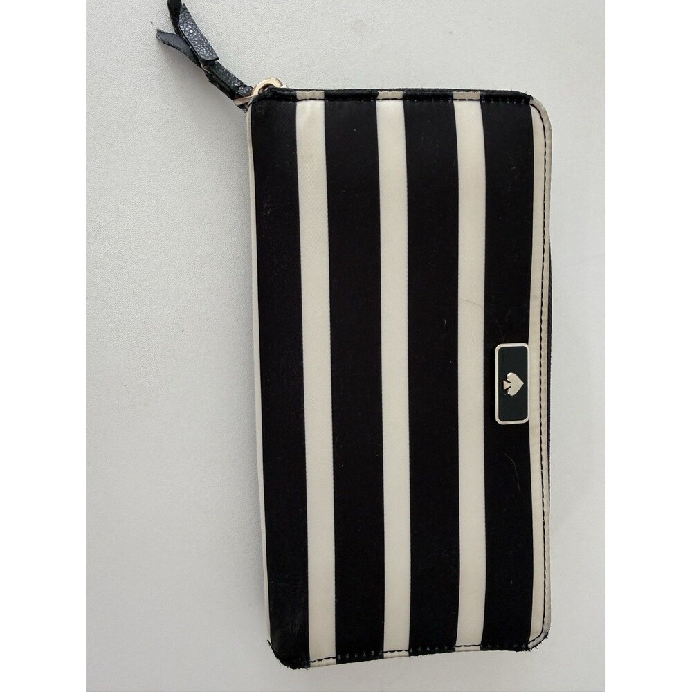 Kate Spade Black White Stripe Zip Around Wallet Spade Logo Long Organizer